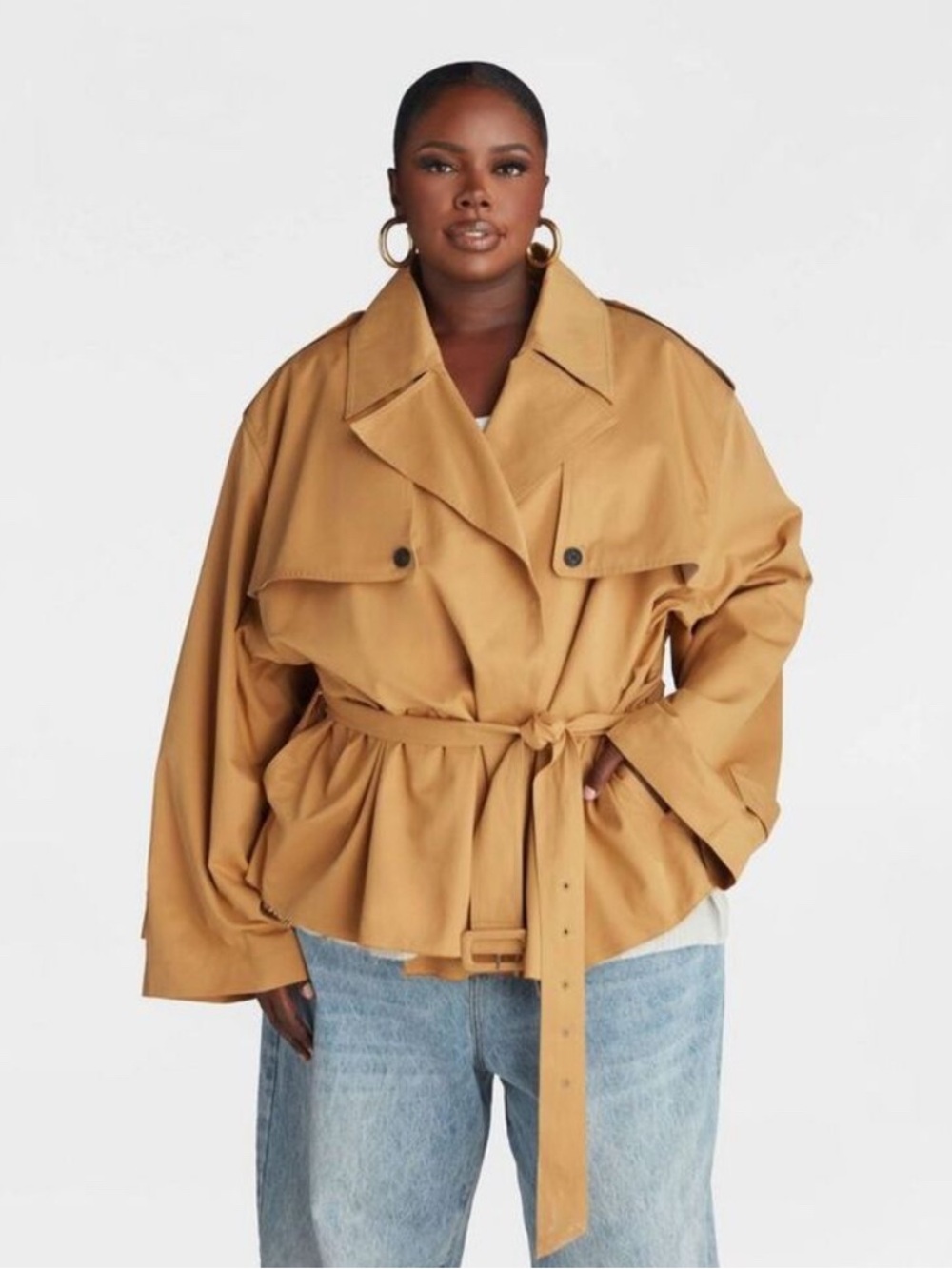 KBB by KAHLANA Women's 'The Belted Cropped Trench Jacket' - Light Brown L